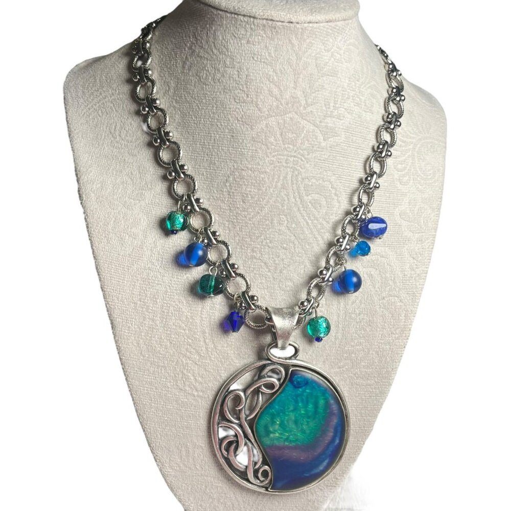 Chicos Silver-Tone Chain Necklace With Blue & Green Beaded Accents